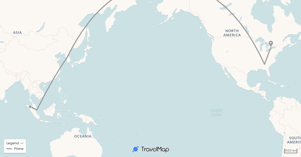 TravelMap itinerary: driving, plane in Canada, Indonesia, South Korea, Singapore, United States (Asia, North America)